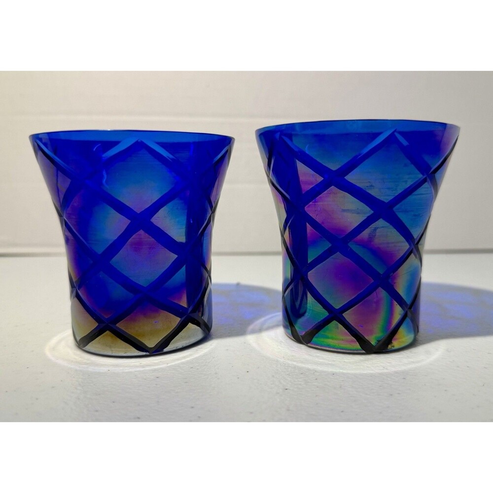 Vintage Cobalt Blue Iridescent Art Glass Tumblers Pair 3.25" Diamond Pattern